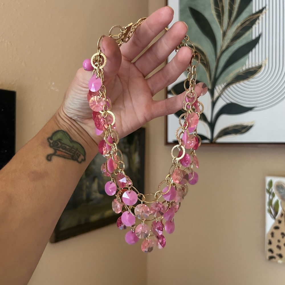Multilayered Pink Rhinestone Necklace - Picture 2 of 3